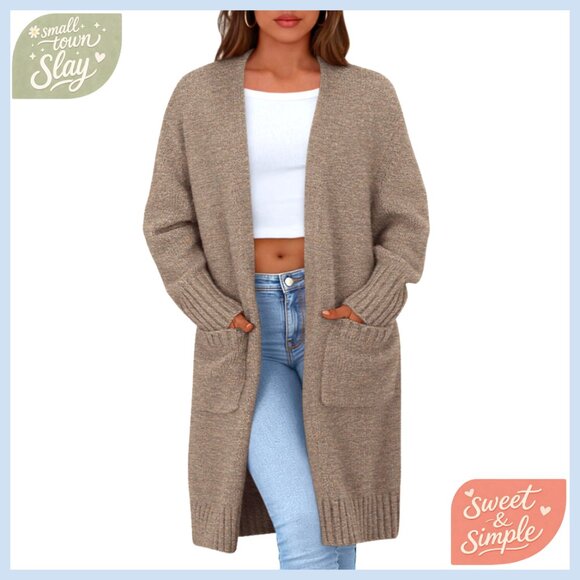 Large Long Sleeve Open Front Cardigan Sweater Knitted with Pockets